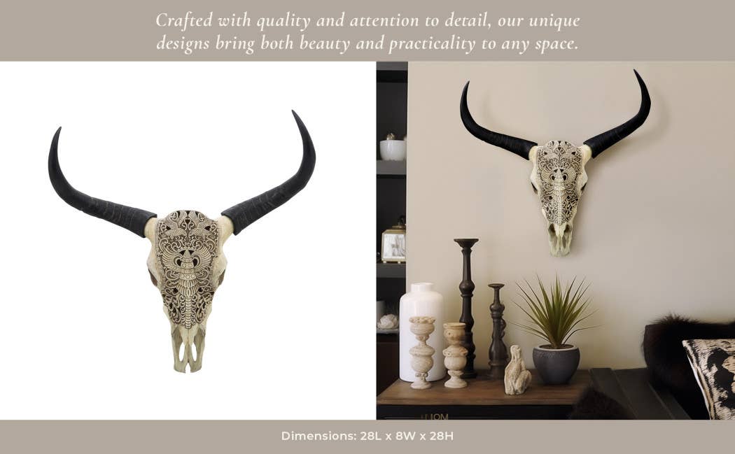 Wall Decor - Ivory/Black Resin Bull Skull Intricate, 28 in.