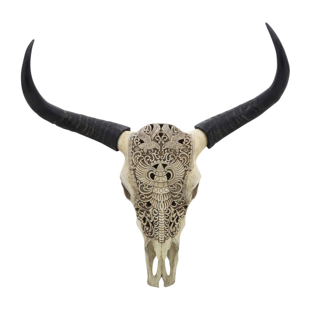 Wall Decor - Ivory/Black Resin Bull Skull Intricate, 28 in.