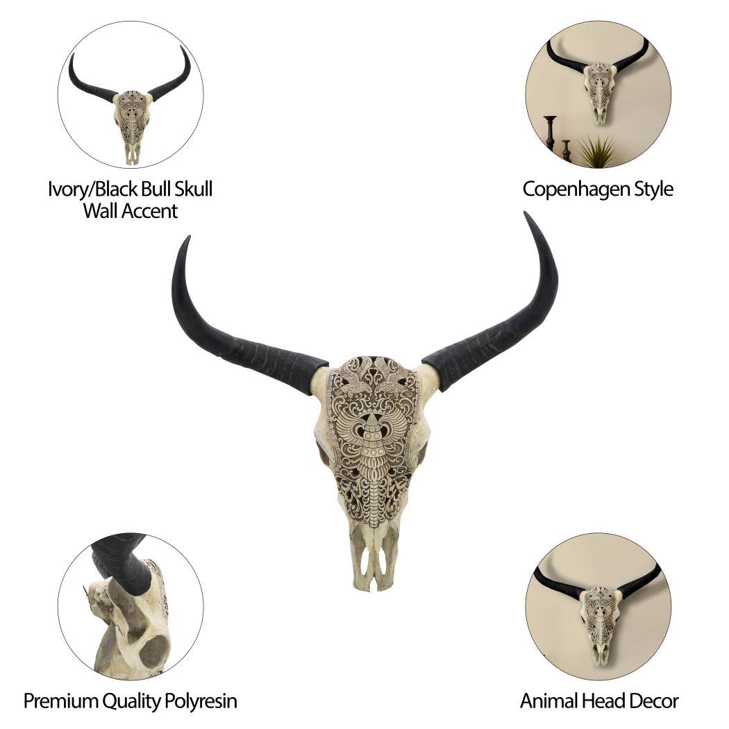 Wall Decor - Ivory/Black Resin Bull Skull Intricate, 28 in.