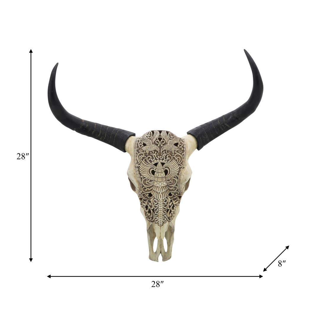 Wall Decor - Ivory/Black Resin Bull Skull Intricate, 28 in.