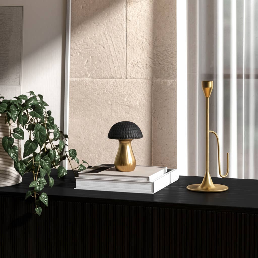 Figurine - Black Ceramic Hammered Top Mushroom, 7 in.