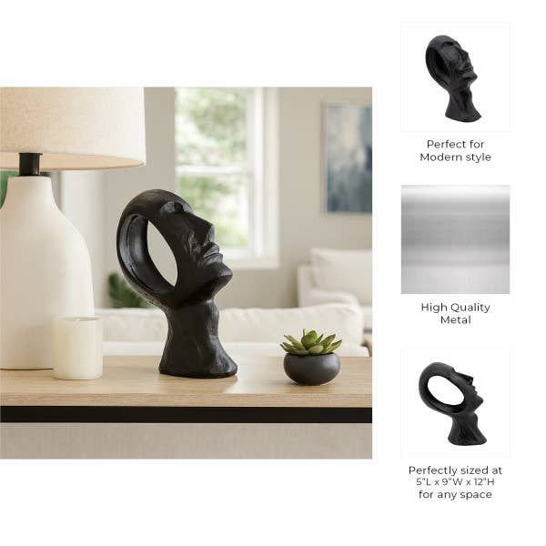 Decorative Sculpture - Black Metal Abstract Face, 12 in.