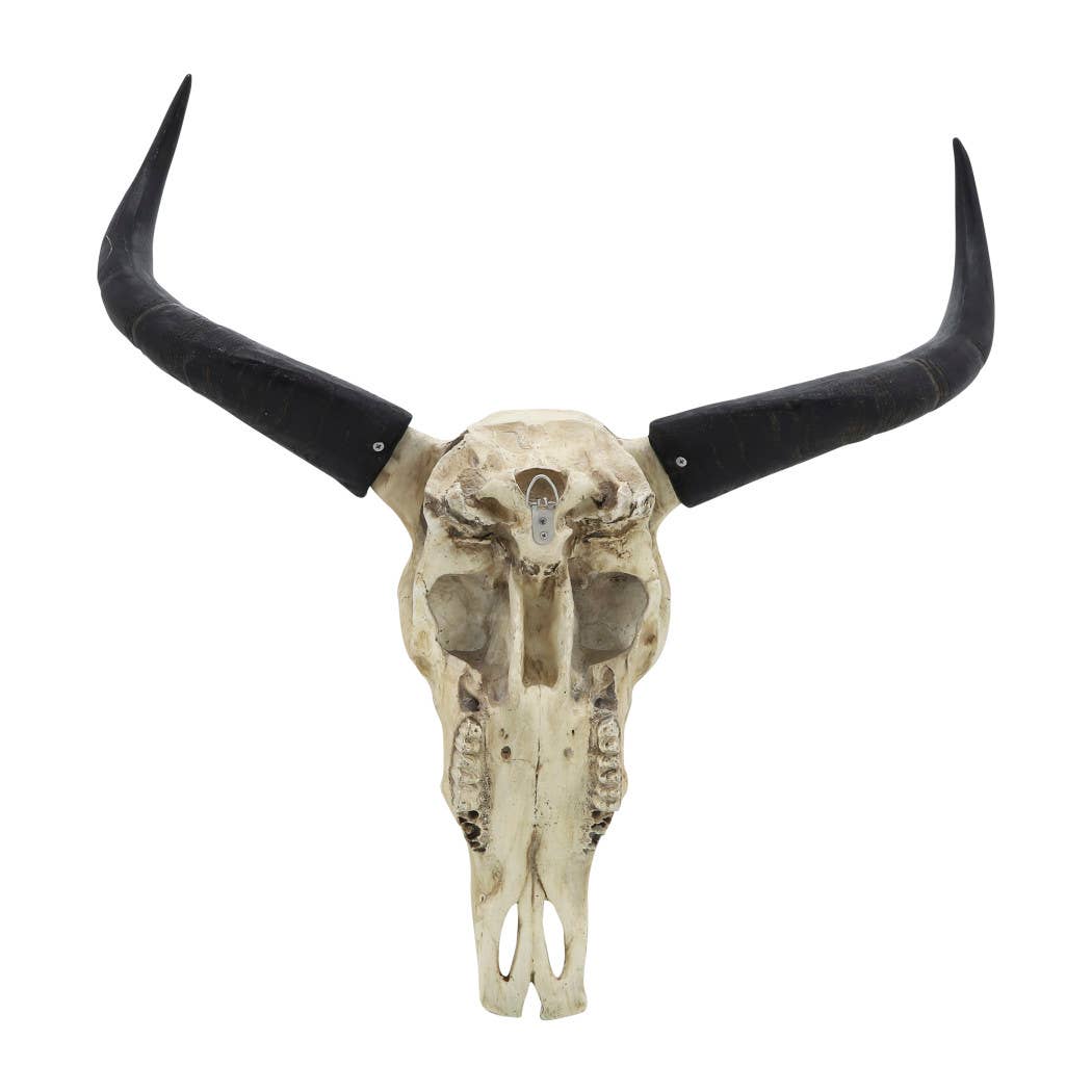 Wall Decor - Ivory/Black Resin Bull Skull Intricate, 28 in.