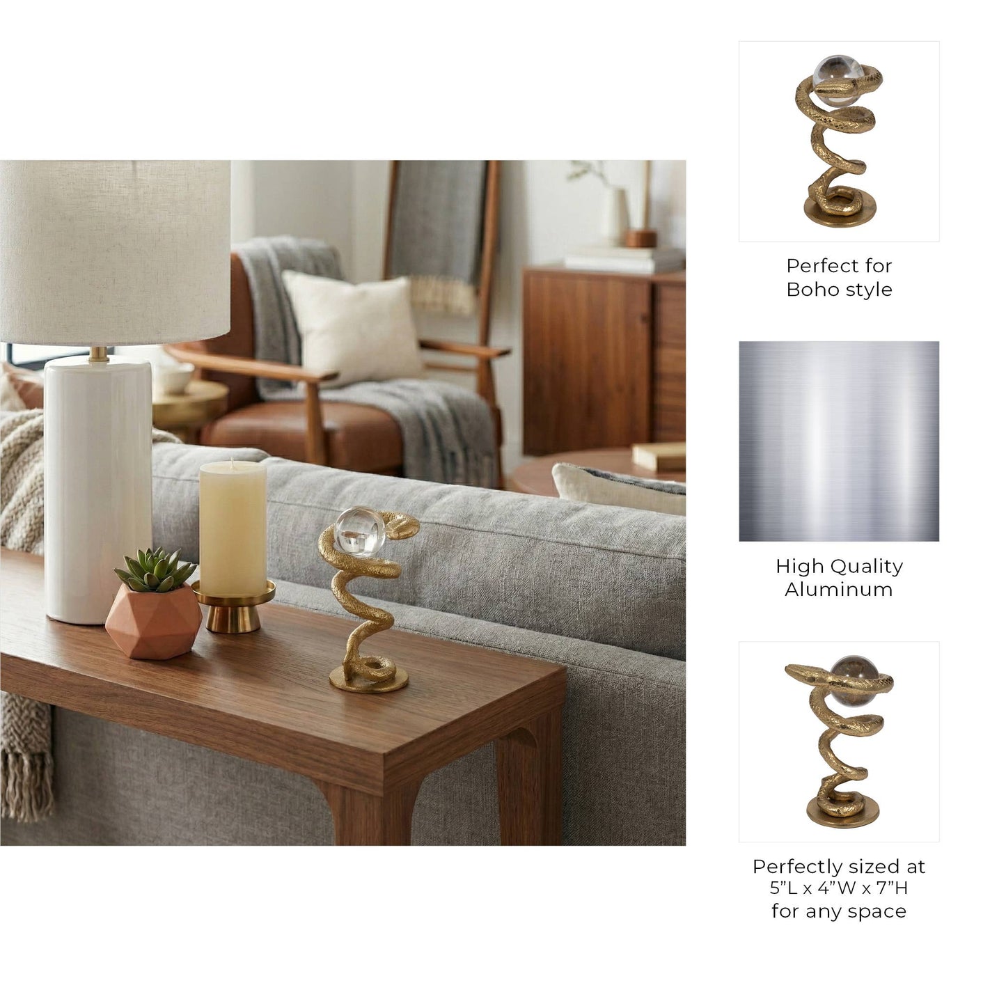 Figurine - Gold Metal Snake Coil with Acrylic Ball, 7 in.