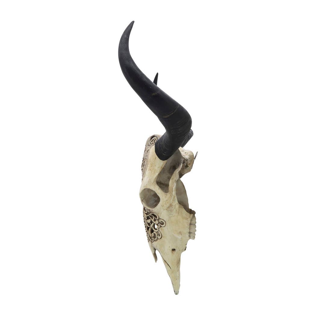 Wall Decor - Ivory/Black Resin Bull Skull Intricate, 28 in.