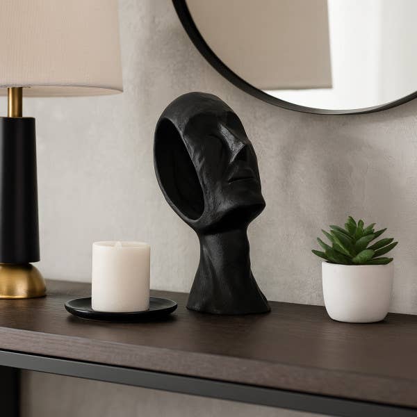 Decorative Sculpture - Black Metal Abstract Face, 12 in.