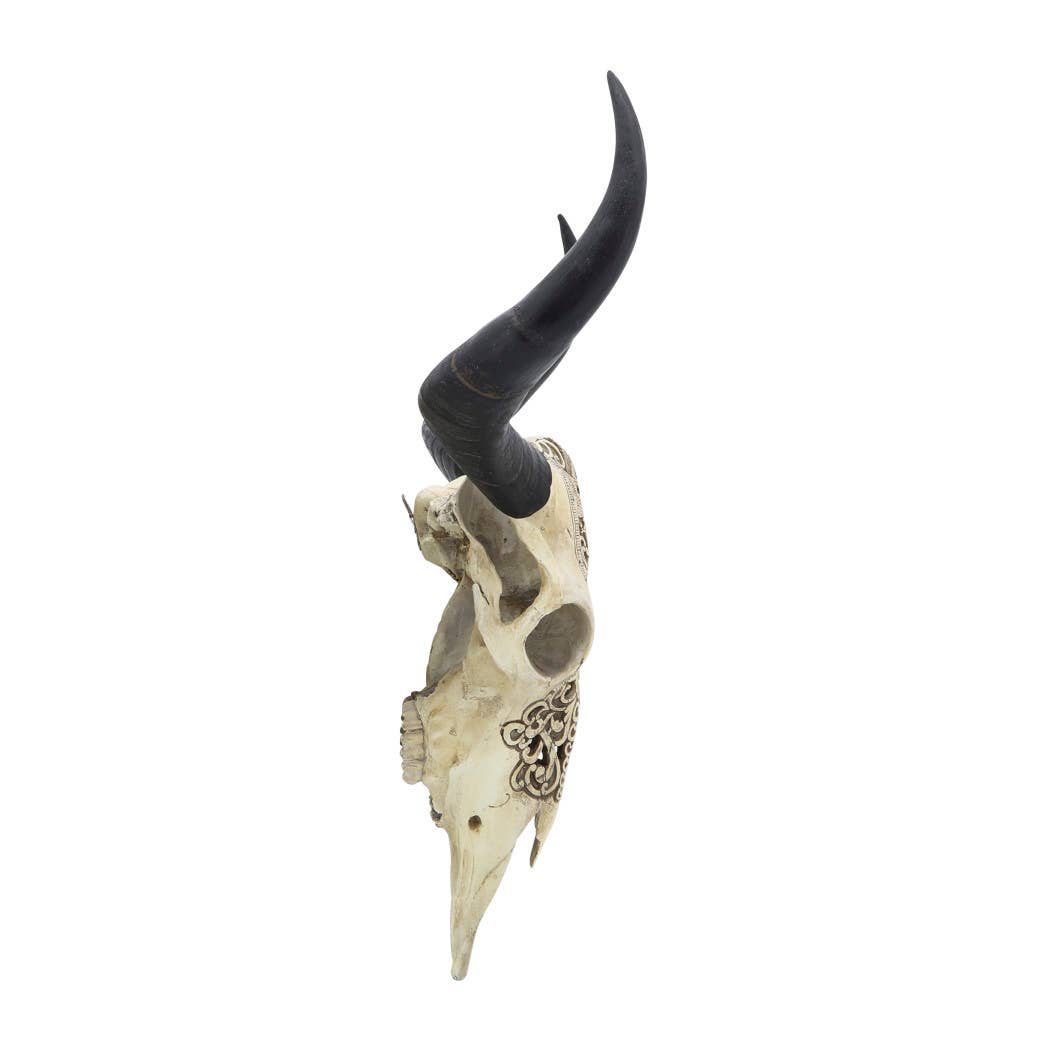 Wall Decor - Ivory/Black Resin Bull Skull Intricate, 28 in.