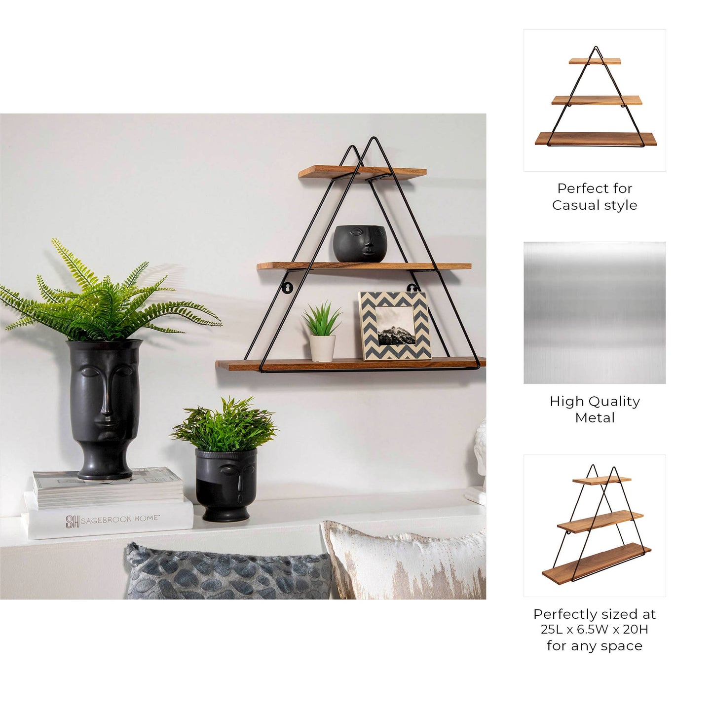 Metal and Wood Triangle Wall Storage Shelf - Brown, 20 in.