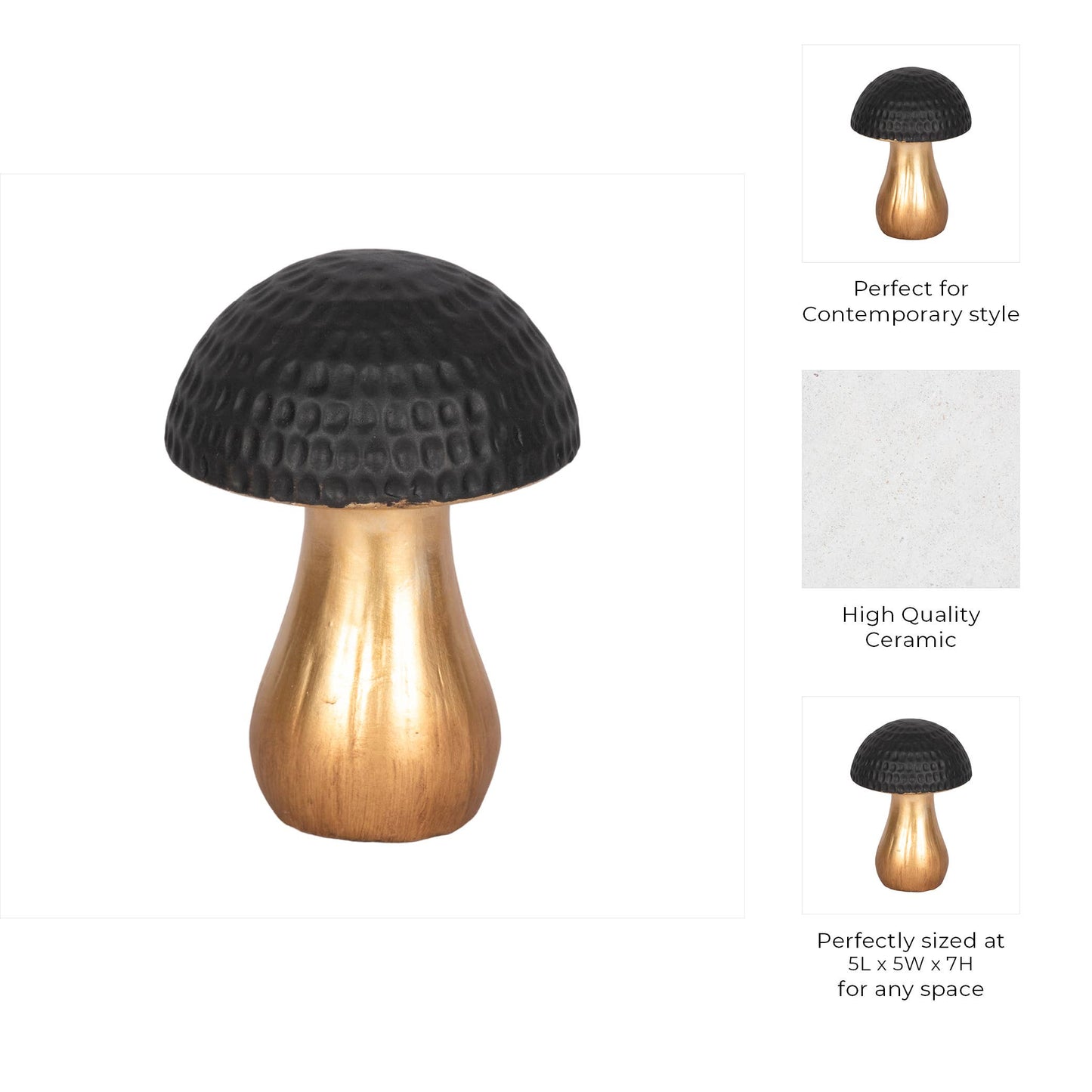 Figurine - Black Ceramic Hammered Top Mushroom, 7 in.