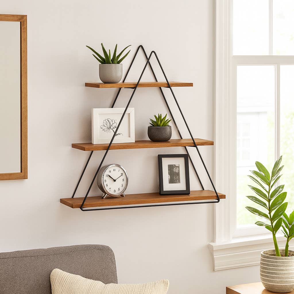 Metal and Wood Triangle Wall Storage Shelf - Brown, 20 in.