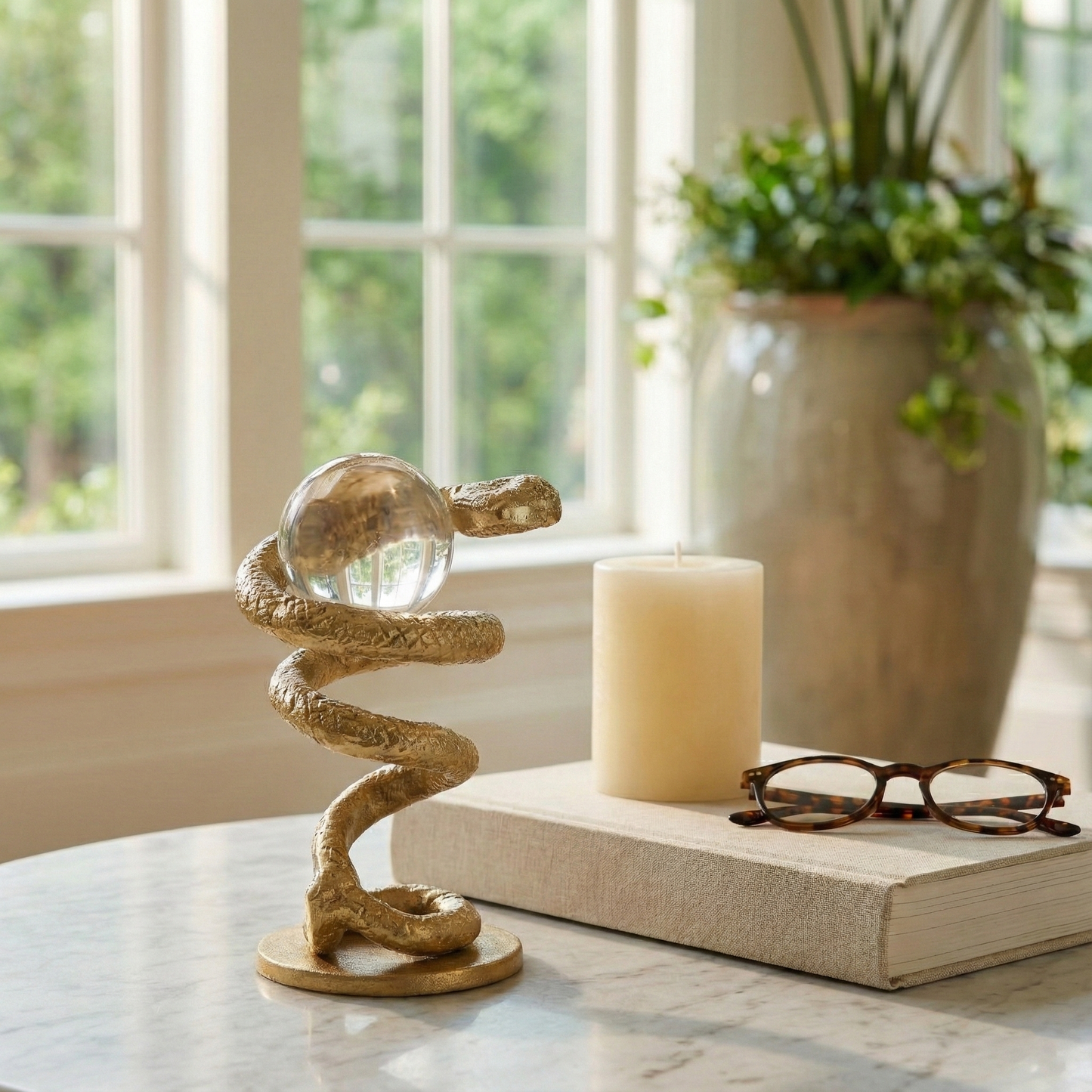 Figurine - Gold Metal Snake Coil with Acrylic Ball, 7 in.