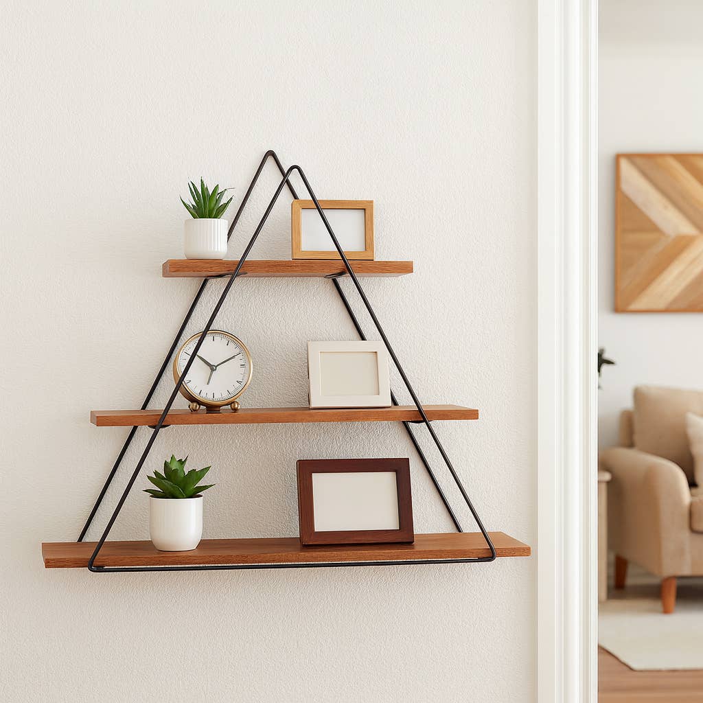 Metal and Wood Triangle Wall Storage Shelf - Brown, 20 in.