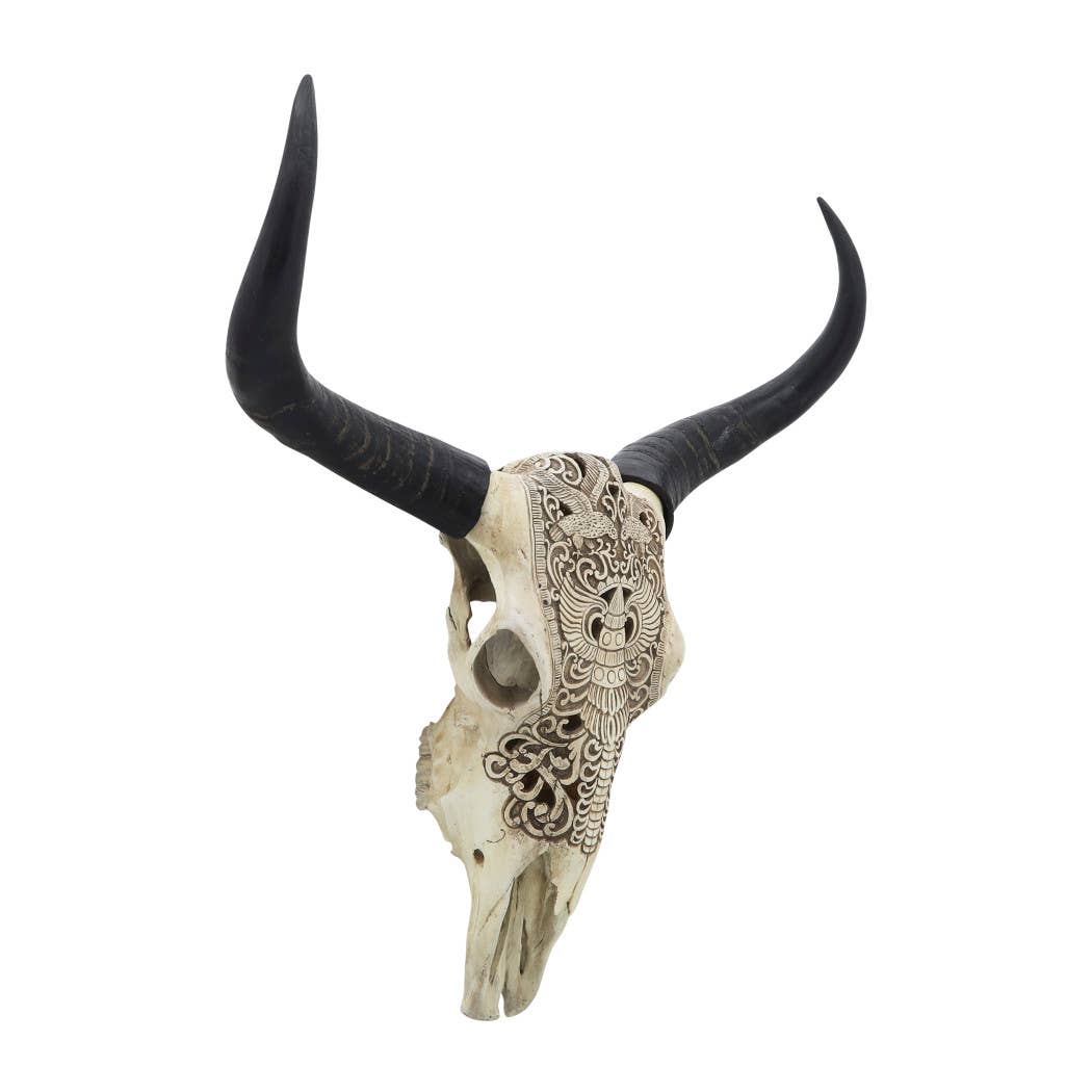 Wall Decor - Ivory/Black Resin Bull Skull Intricate, 28 in.