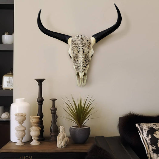 Wall Decor - Ivory/Black Resin Bull Skull Intricate, 28 in.