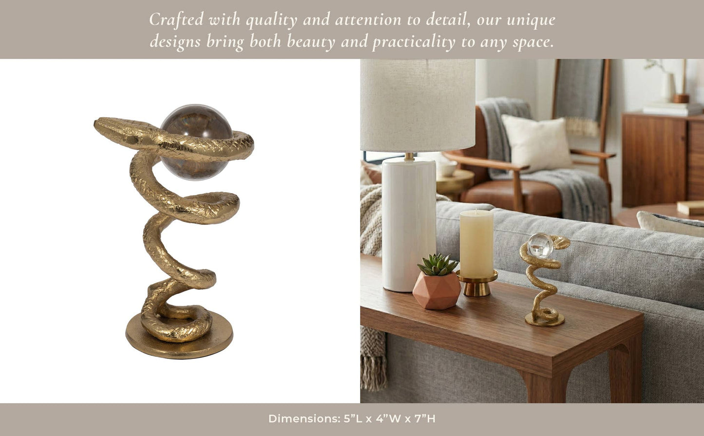 Figurine - Gold Metal Snake Coil with Acrylic Ball, 7 in.