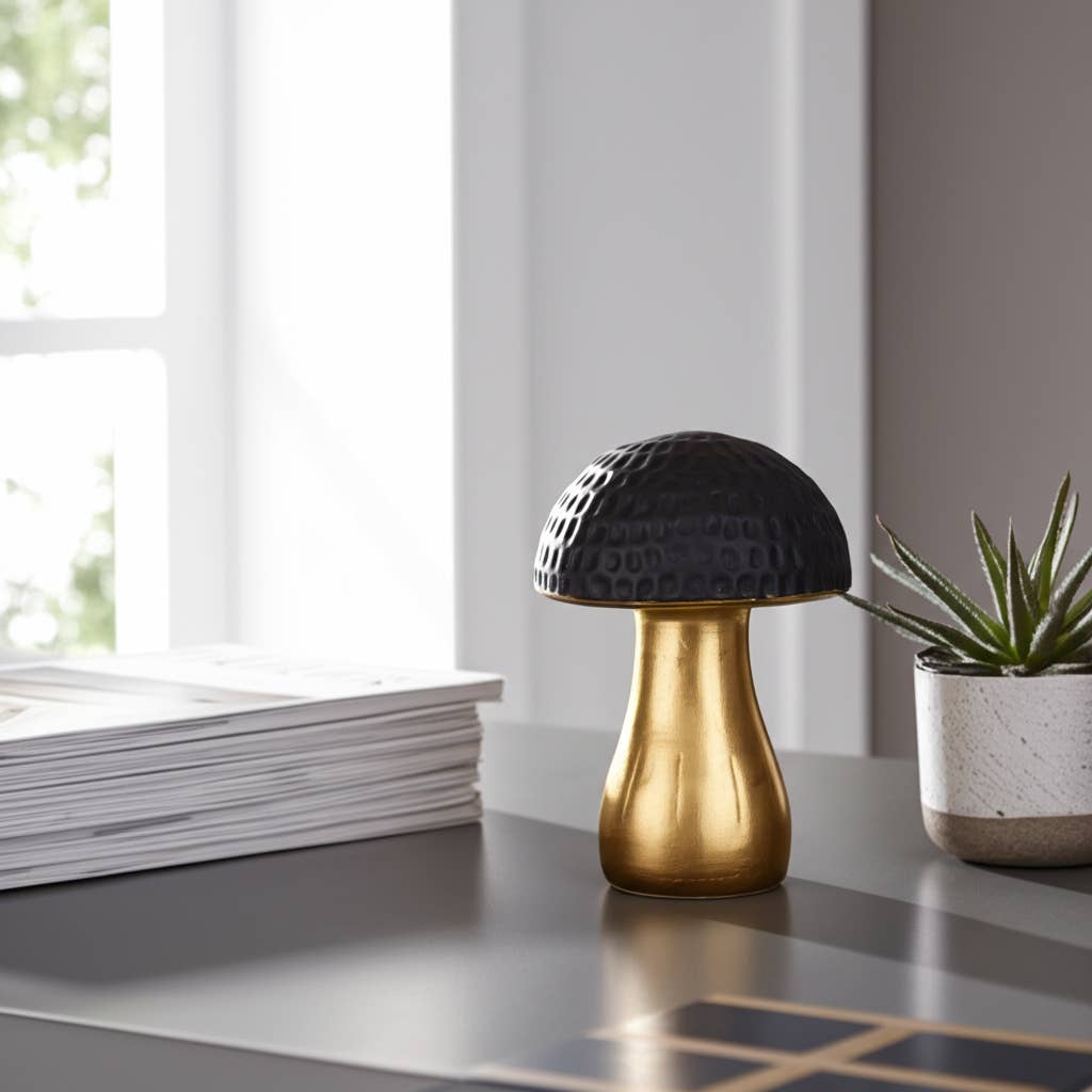 Figurine - Black Ceramic Hammered Top Mushroom, 7 in.