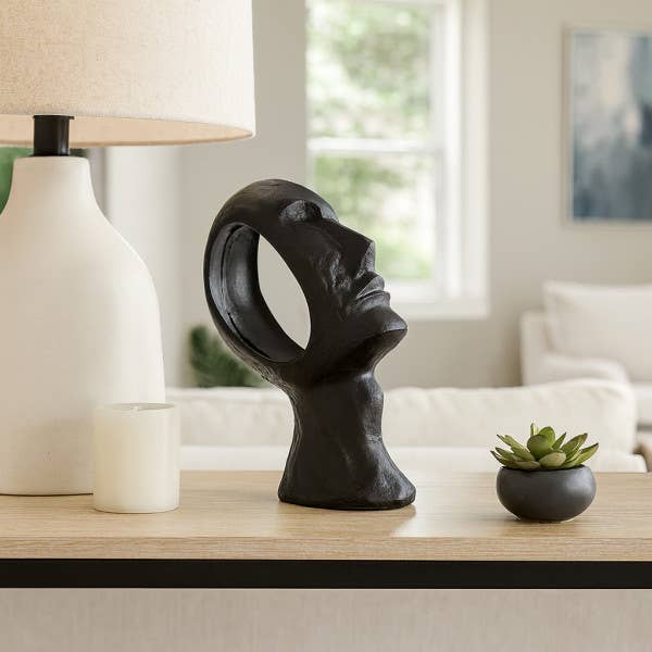 Decorative Sculpture - Black Metal Abstract Face, 12 in.