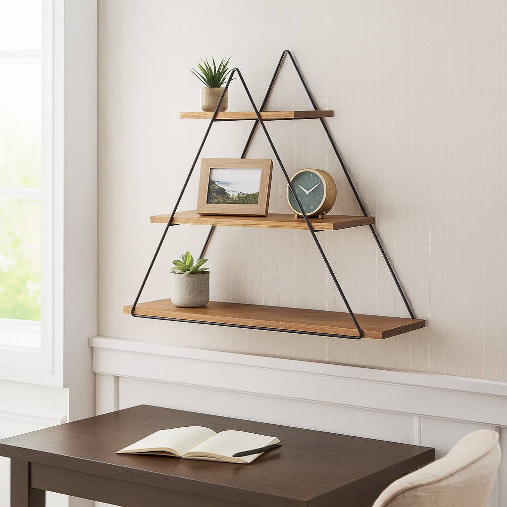 Metal and Wood Triangle Wall Storage Shelf - Brown, 20 in.